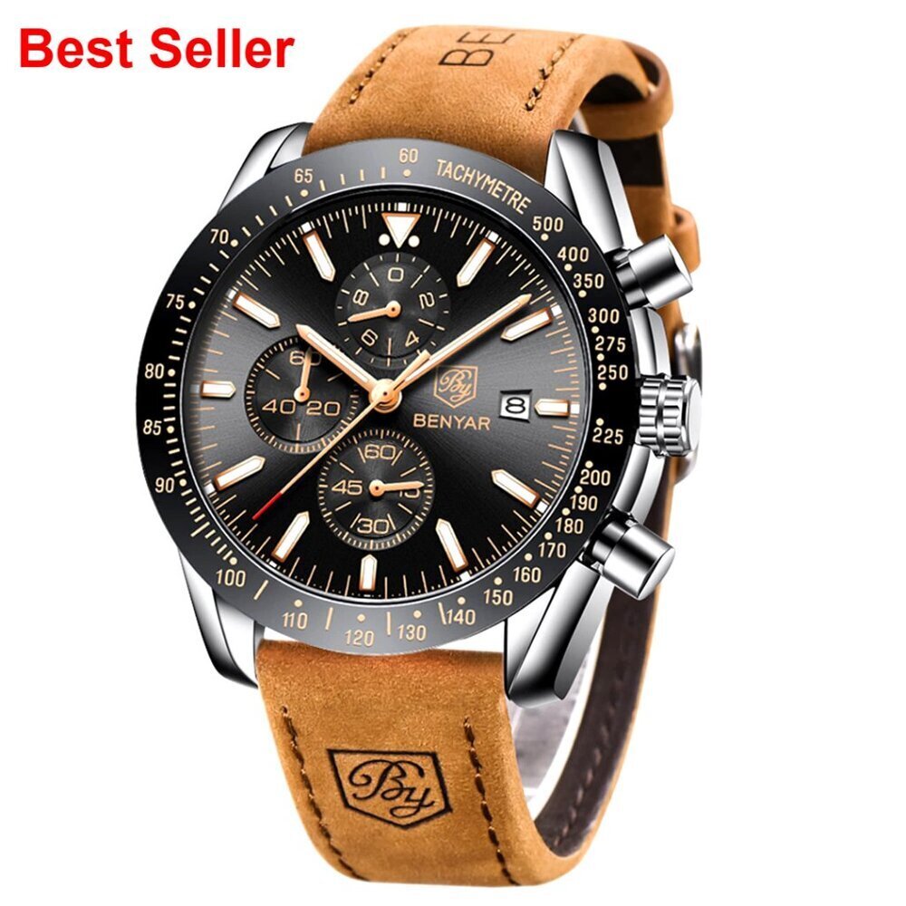 Quartz Chronograph Leather Strap Dress Watch with Calendar Waterproof